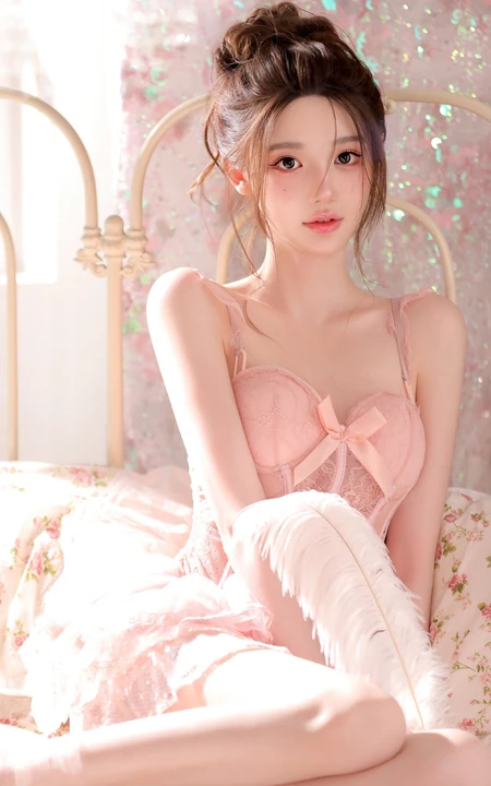 清纯靓丽，丸子头，公主裙，一袭粉色肩带家居服公主裙少女居家超高清写真图片