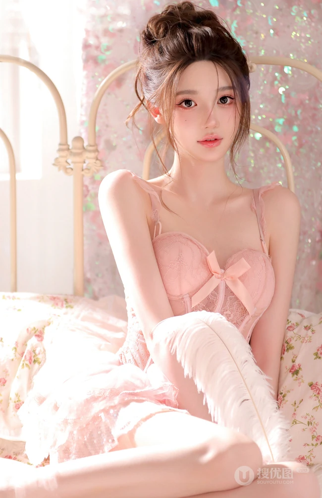 清纯靓丽，丸子头，公主裙，一袭粉色肩带家居服公主裙少女居家超高清写真图片