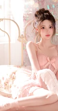清纯靓丽，丸子头，公主裙，一袭粉色肩带家居服公主裙少女居家超高清写真图片