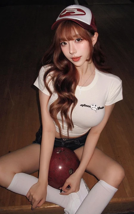 保龄球女生简单干练白色T恤加牛仔短裤清爽动人穿搭写真套图