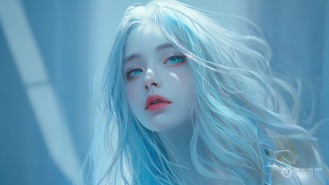 蓝色眼睛，红唇，高冷系AI动漫美女插画壁纸图片