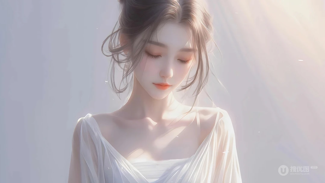 闭着眼睛，低首沉思的吊带白裙AI动漫美女壁纸图片