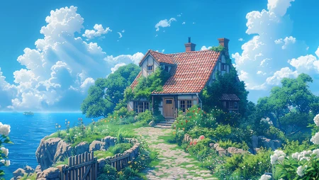 海边浪漫花香小屋，房屋唯美清新壁纸图片