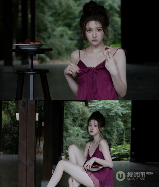 高颜值温柔浅粉白皙女生小姐姐红色肩带睡裙和她喜欢的樱桃高清美拍写真套图