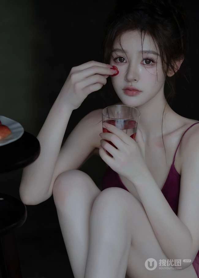 高颜值温柔浅粉白皙女生小姐姐红色肩带睡裙和她喜欢的樱桃高清美拍写真套图