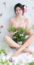 这个夏天有花香陪伴，匀称可爱女生粉色肩带背心短裤穿搭笑意盈盈写真美照