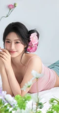 这个夏天有花香陪伴，匀称可爱女生粉色肩带背心短裤穿搭笑意盈盈写真美照