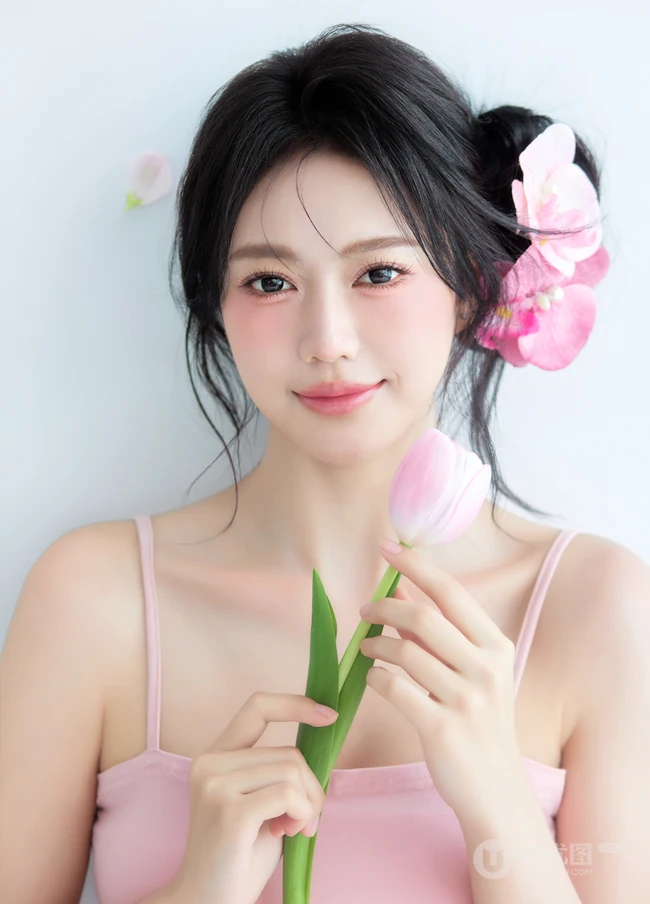这个夏天有花香陪伴，匀称可爱女生粉色肩带背心短裤穿搭笑意盈盈写真美照