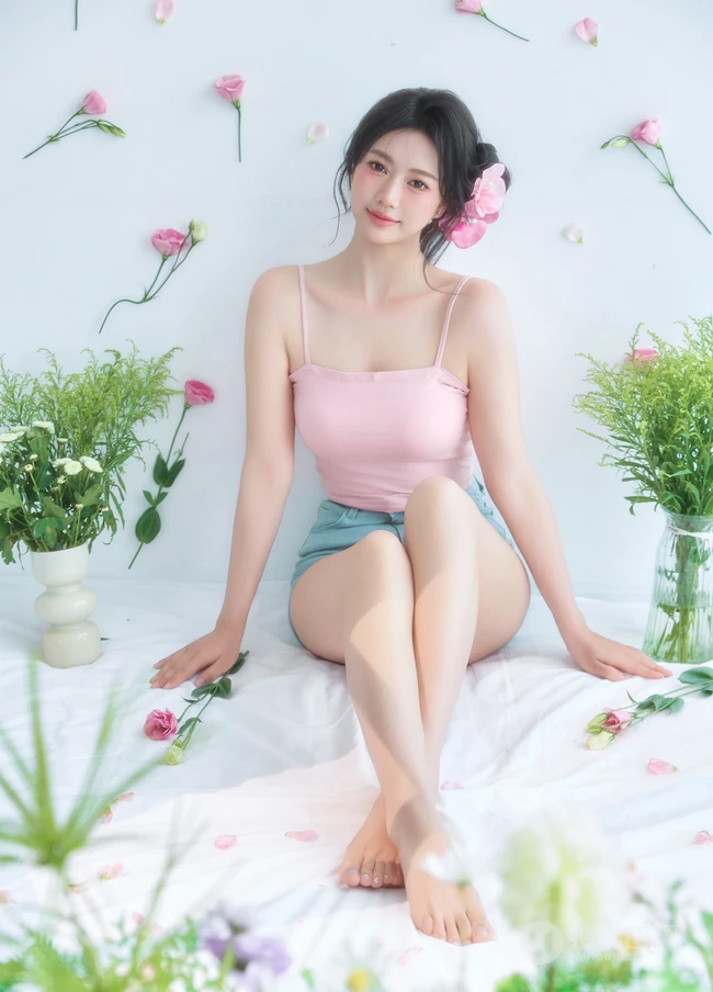 这个夏天有花香陪伴，匀称可爱女生粉色肩带背心短裤穿搭笑意盈盈写真美照