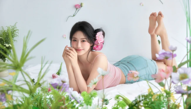 这个夏天有花香陪伴，匀称可爱女生粉色肩带背心短裤穿搭笑意盈盈写真美照