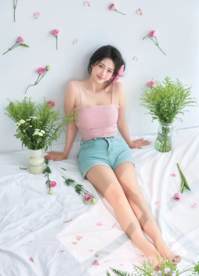 这个夏天有花香陪伴，匀称可爱女生粉色肩带背心短裤穿搭笑意盈盈写真美照