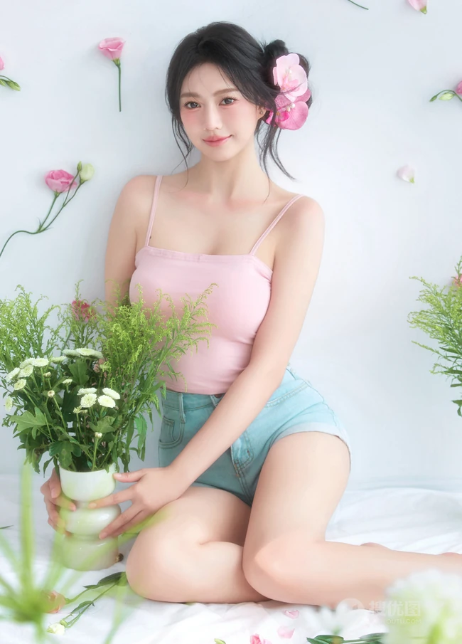 这个夏天有花香陪伴，匀称可爱女生粉色肩带背心短裤穿搭笑意盈盈写真美照