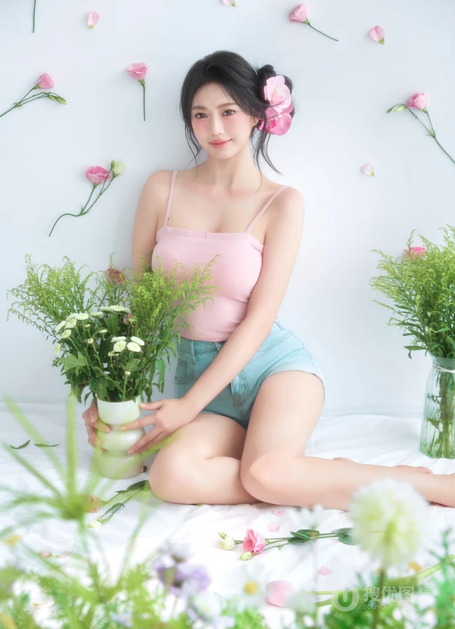 这个夏天有花香陪伴，匀称可爱女生粉色肩带背心短裤穿搭笑意盈盈写真美照