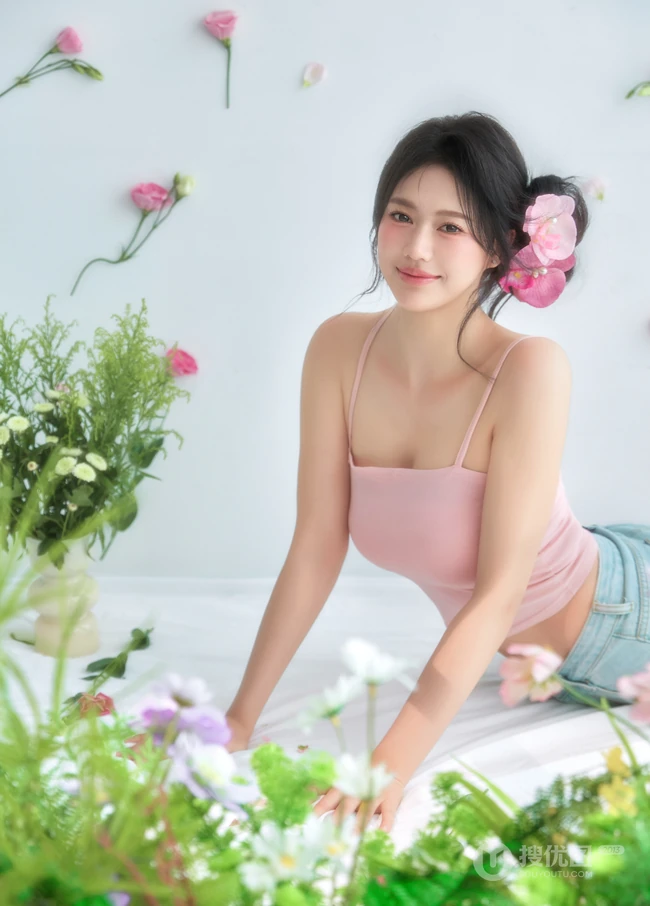 这个夏天有花香陪伴，匀称可爱女生粉色肩带背心短裤穿搭笑意盈盈写真美照