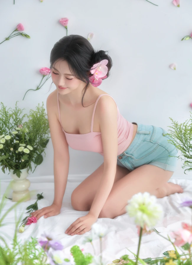 这个夏天有花香陪伴，匀称可爱女生粉色肩带背心短裤穿搭笑意盈盈写真美照