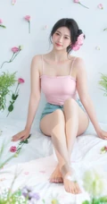这个夏天有花香陪伴，匀称可爱女生粉色肩带背心短裤穿搭笑意盈盈写真美照