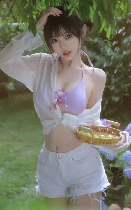 花开满园的宅院，穿搭肩带泳装加白色短裤的气质女生清新写真图片