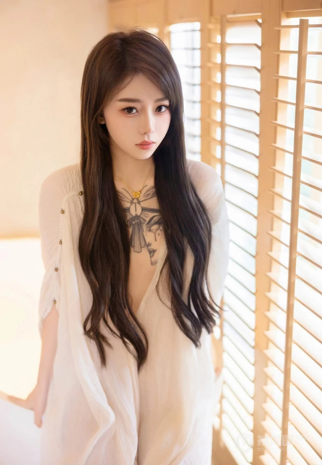 气质时尚有魅力的纹身女生轻熟连衣白裙穿搭动人室内写真套图