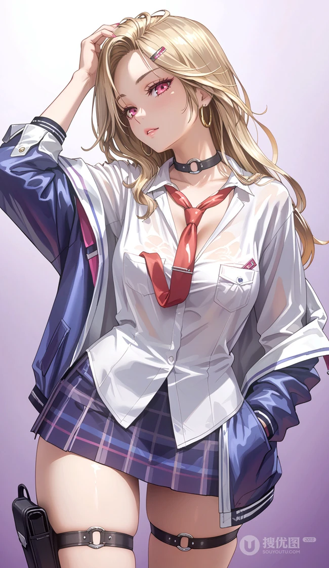 金发动漫美女，白衬衫，JK裙，性感美腿动漫御姐手机壁纸图片