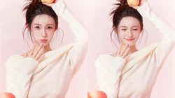 水蜜桃少女，笑容甜美可人的青春少女手拿水蜜桃写真壁纸图片
