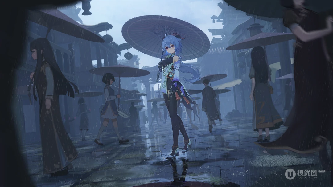 雨天，撑着雨伞走在人来人往街上的甘雨动漫美图壁纸