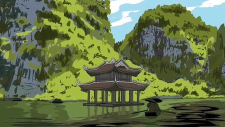 水中阁楼 小船 划桨 唯美中国风山水景色壁纸图片