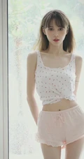超好看的治愈系女生气质清新印花肩带衣短裤室内高清动人写真图片