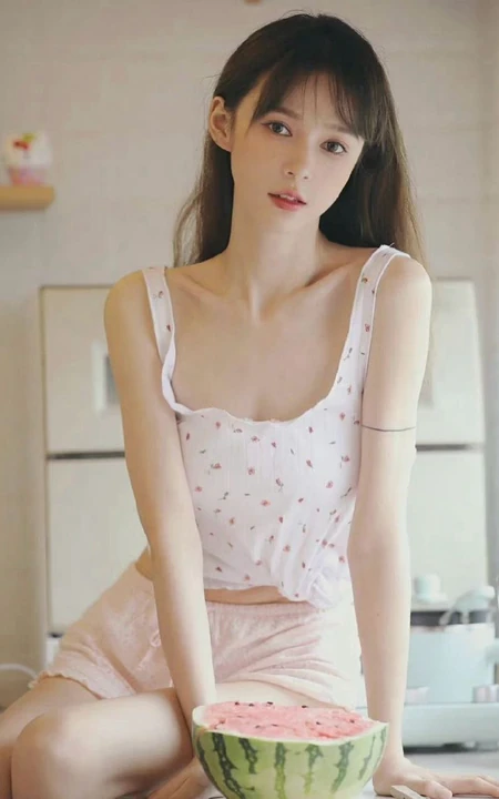 超好看的治愈系女生气质清新印花肩带衣短裤室内高清动人写真图片