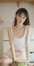 超好看的治愈系女生气质清新印花肩带衣短裤室内高清动人写真图片