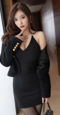 气质时尚网红女生轻熟杨晨晨Yome酷黑V领连衣裙网袜高跟穿搭美拍写真套图