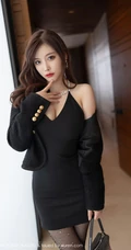 气质时尚网红女生轻熟杨晨晨Yome酷黑V领连衣裙网袜高跟穿搭美拍写真套图