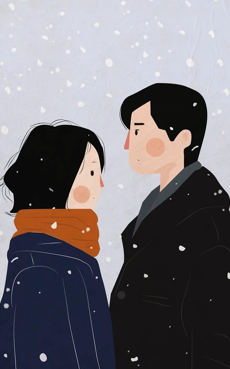 雪中，穿着厚厚外套的夫妻，卡通手绘冬季下雪天夫妻手机壁纸