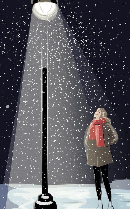 夜晚，寒冷的下雪天，站在路灯下，围着红色围脖的女生卡通手机壁纸