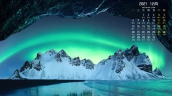 唯美冬日雪景，雪人，北极光 2021年12年日历壁纸图片