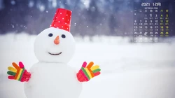 唯美冬日雪景，雪人，北极光 2021年12年日历壁纸图片