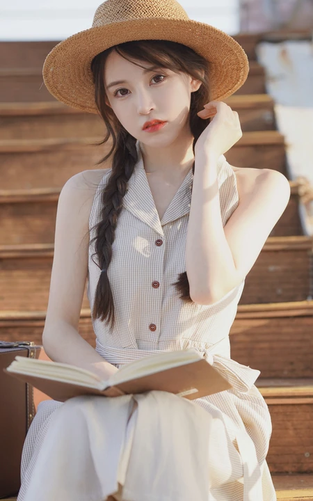 坐在楼梯台阶上的双麻花辫长裙美少女高清写真手机壁纸图片