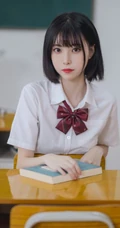 清秀短发学生装小个子少女白衣黑裙深袜袜学堂可爱写真美照
