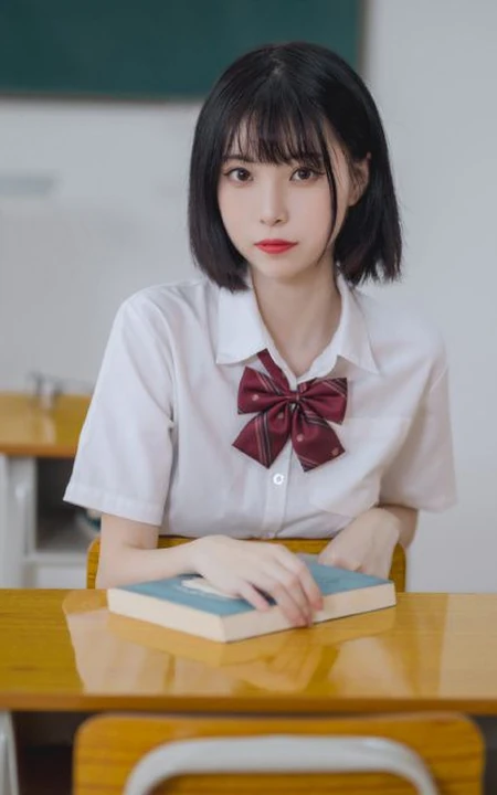 清秀短发学生装小个子少女白衣黑裙深袜袜学堂可爱写真美照