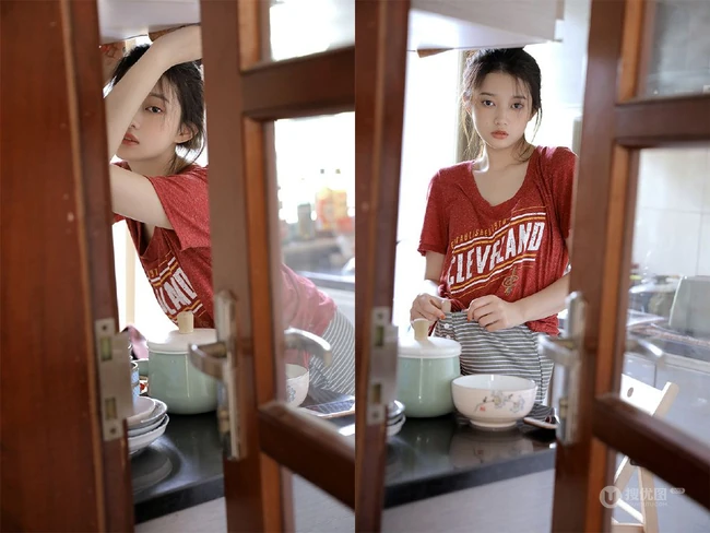 厨房里洗洗漱漱的可爱美丽少女身影唯美居家休闲装写真美照图集