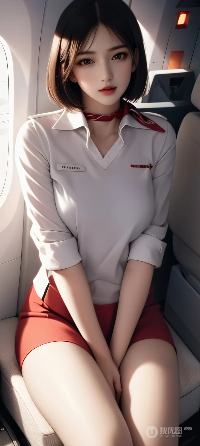AI绘画，齐肩短发性感美女空姐制服装短裙高清手机壁纸图片