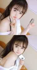 浅粉白皙大眼睛少女白衫短裤大秀动人香肩居家沙发写真图片