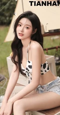 身形匀称匀称身形女生小姐姐气质肩带家居服牛仔裤穿搭户外写真套图