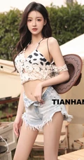 身形匀称匀称身形女生小姐姐气质肩带家居服牛仔裤穿搭户外写真套图
