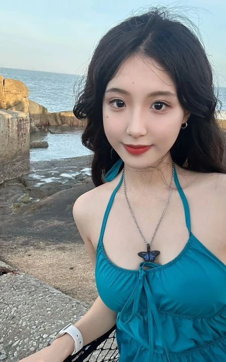 海边游玩的气质匀称肩带裙白皙女生美拍照片分享