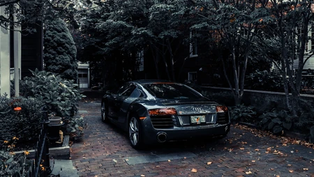 停在林荫树下的奥迪跑车