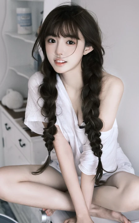 发量超多的双麻花辫白衣美少女手机壁纸图片