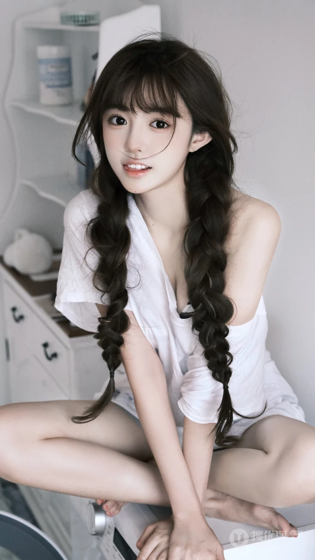 发量超多的双麻花辫白衣美少女手机壁纸图片