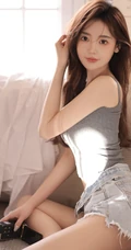 小姐姐的腿也太好看了，紧身背心牛仔短裤女生室内写真照片