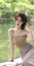 婉约的江南女生着礼裙汉裙手拿小扇湖边凉亭写真图片