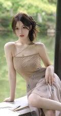 婉约的江南女生着礼裙汉裙手拿小扇湖边凉亭写真图片